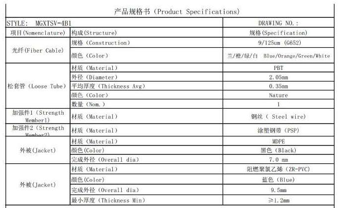 MGXTSV-4B1礦用光纜標(biāo)準(zhǔn)參數(shù)表